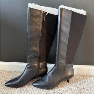 Sudini Black Knee-High Pointed Toe Heeled Boots